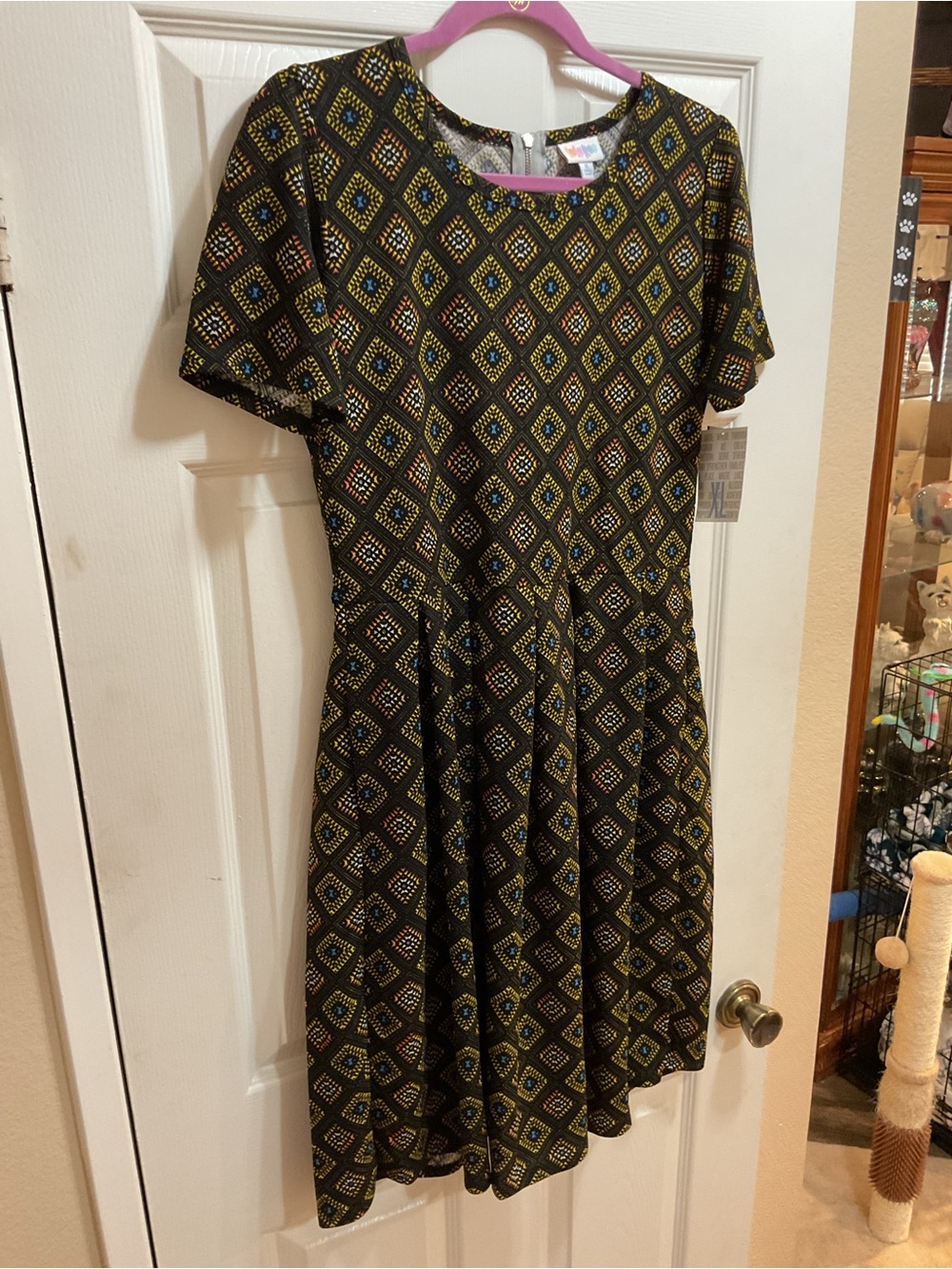 LuLaRoe Amelia Black Diamond Geometric Dress with Yellow, Blue, Orange Accents